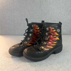 VTG Harley-Davidson Black Leather Lace-Up Boots with Red and Yellow Flame Panels